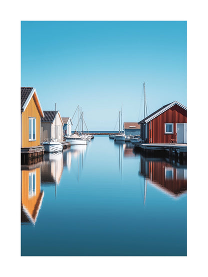 Poster of wooden boathouses reflected in the calm marina of Smögen