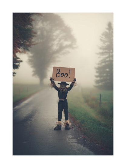 Halloween poster of a scarecrow standing on a foggy road