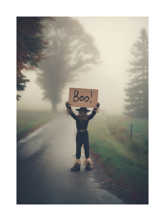 Halloween poster of a scarecrow standing on a foggy road