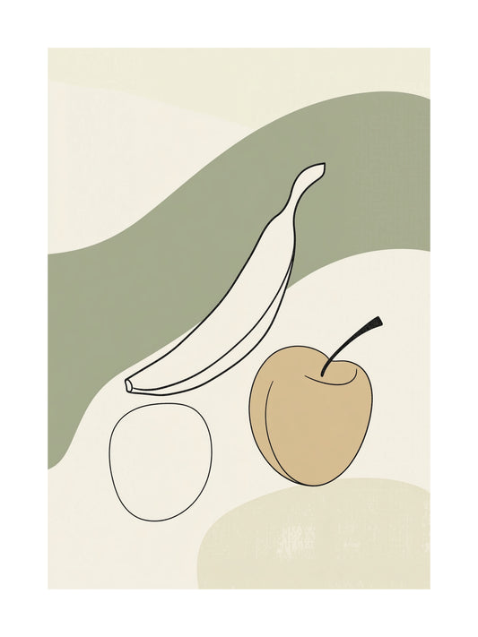 Minimal fruit line art poster with banana and apple – ideal wall art for kitchens or dining rooms