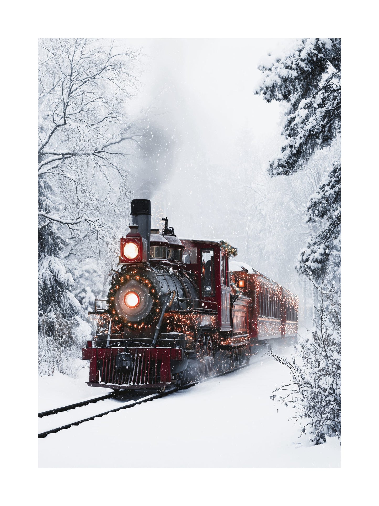 Red Christmas train in snowy forest poster with festive lights