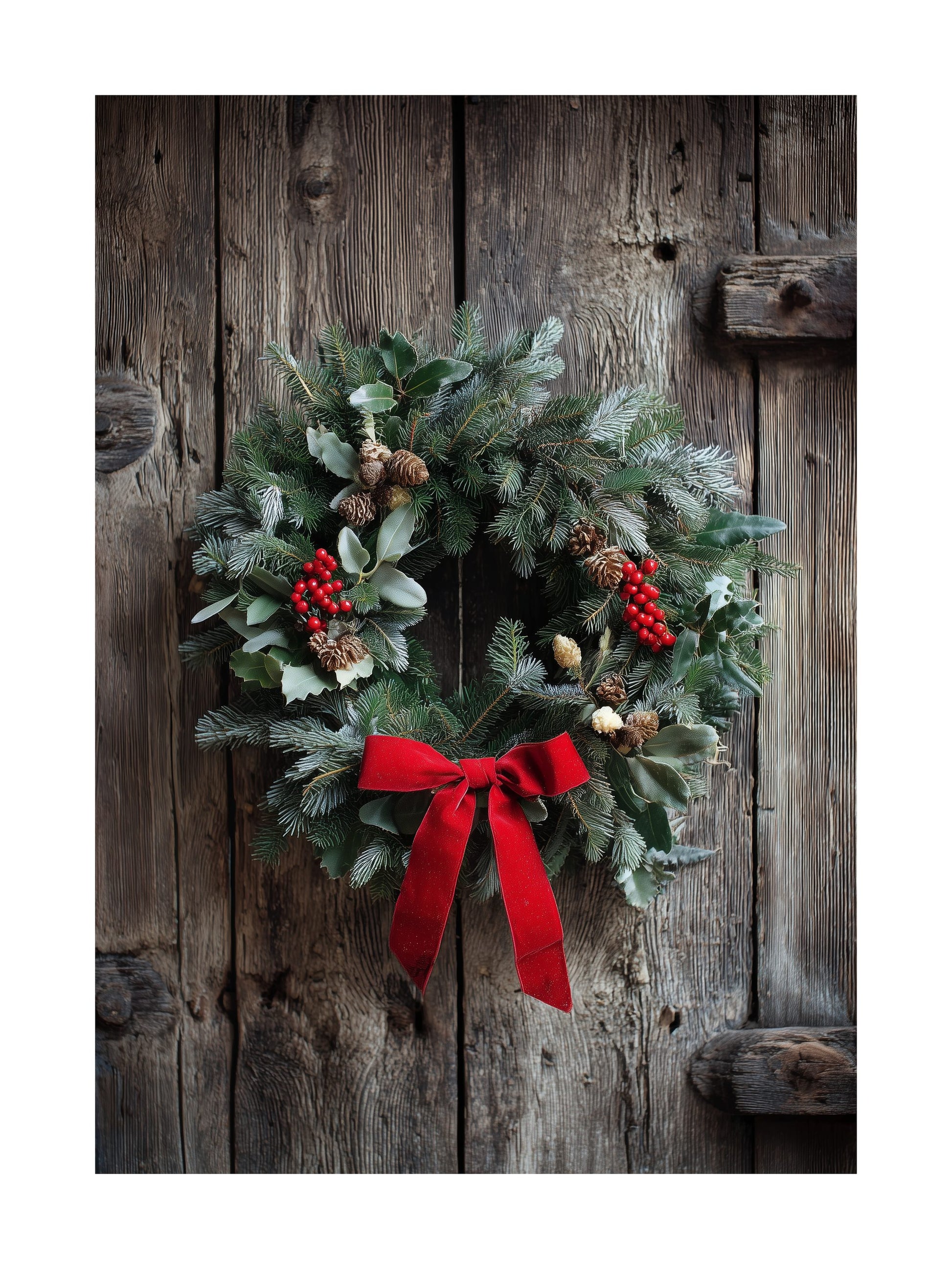 Christmas wreath with red bow on rustic wooden door poster