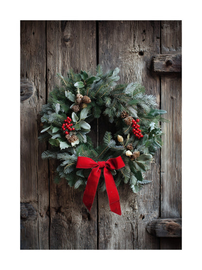 Christmas wreath with red bow on rustic wooden door poster