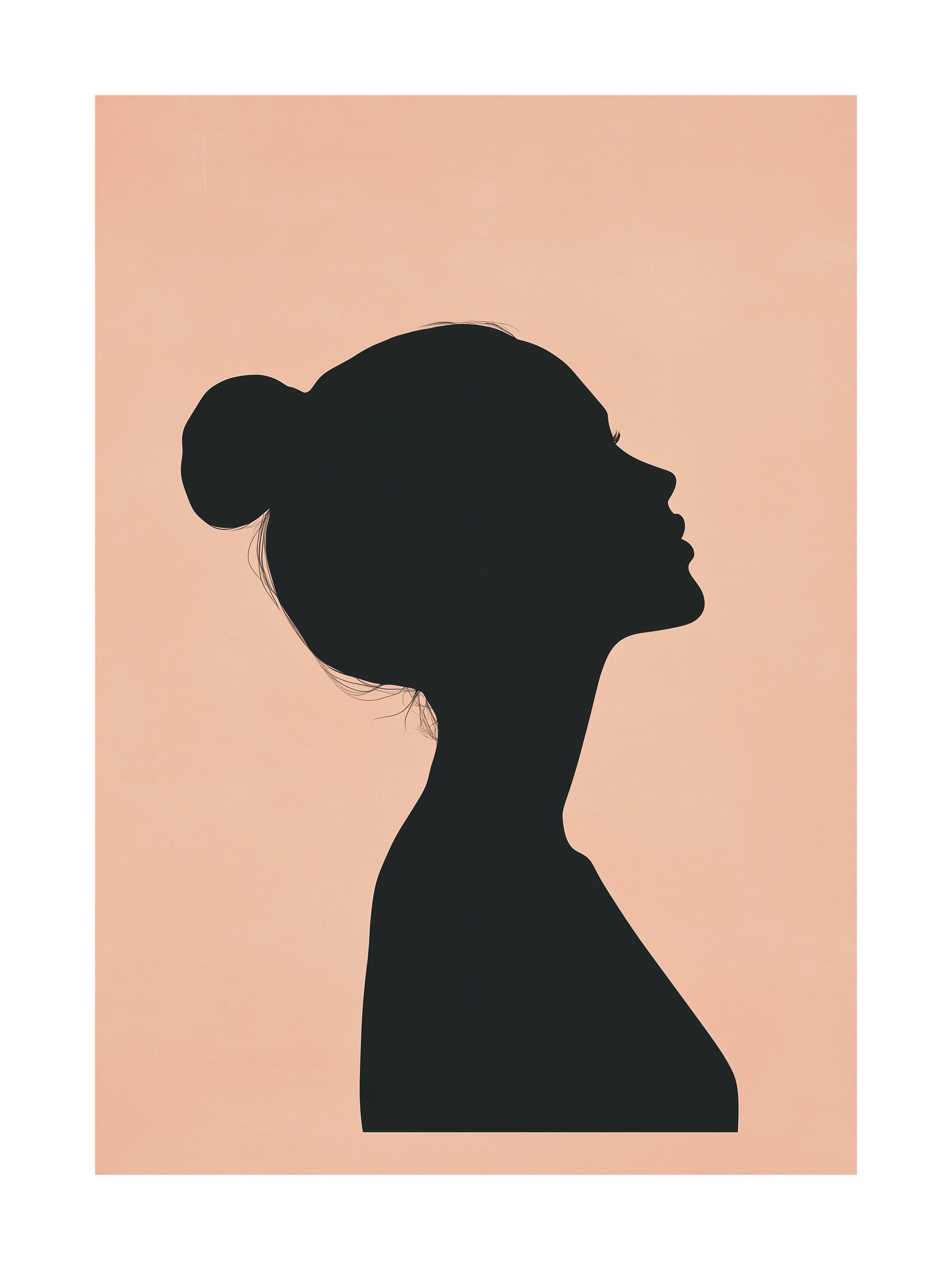 Silhouette of a woman’s profile in black against a soft peach background