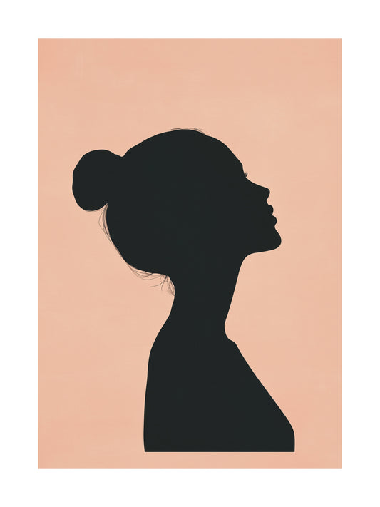 Silhouette of a woman’s profile in black against a soft peach background
