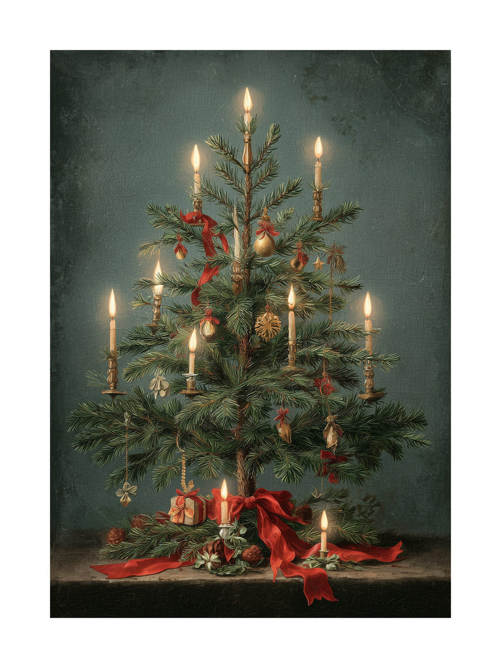 Vintage style Christmas tree with candles and ornaments poster