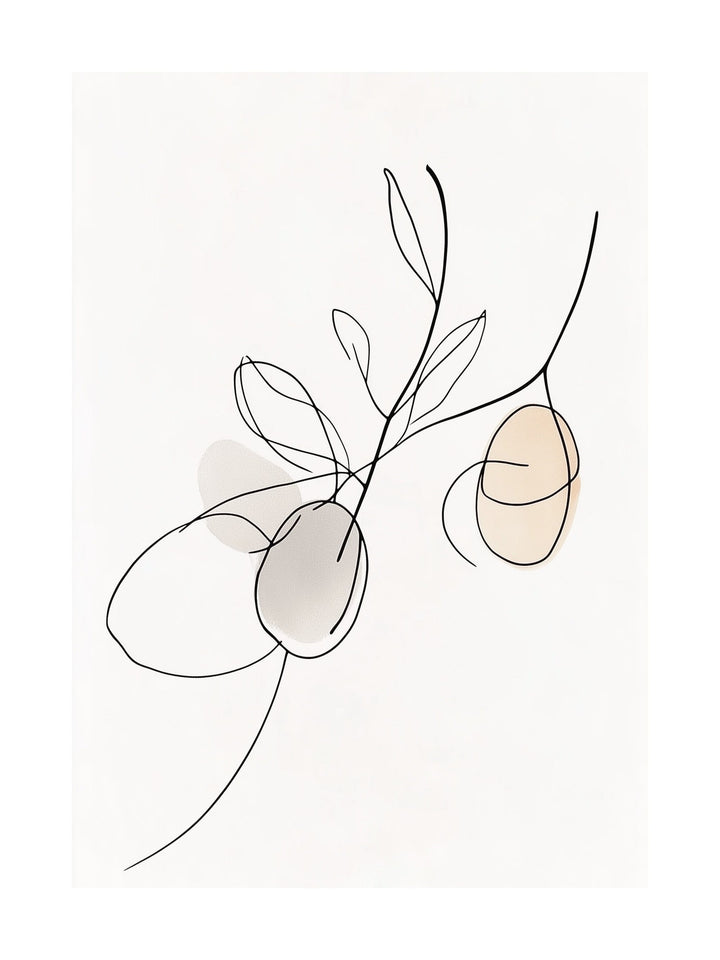 Minimalist botanical line art poster with soft beige and grey accents.