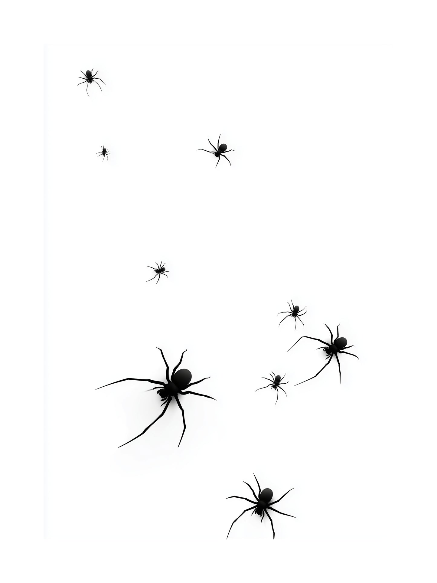 Minimalist poster with black spiders on white background