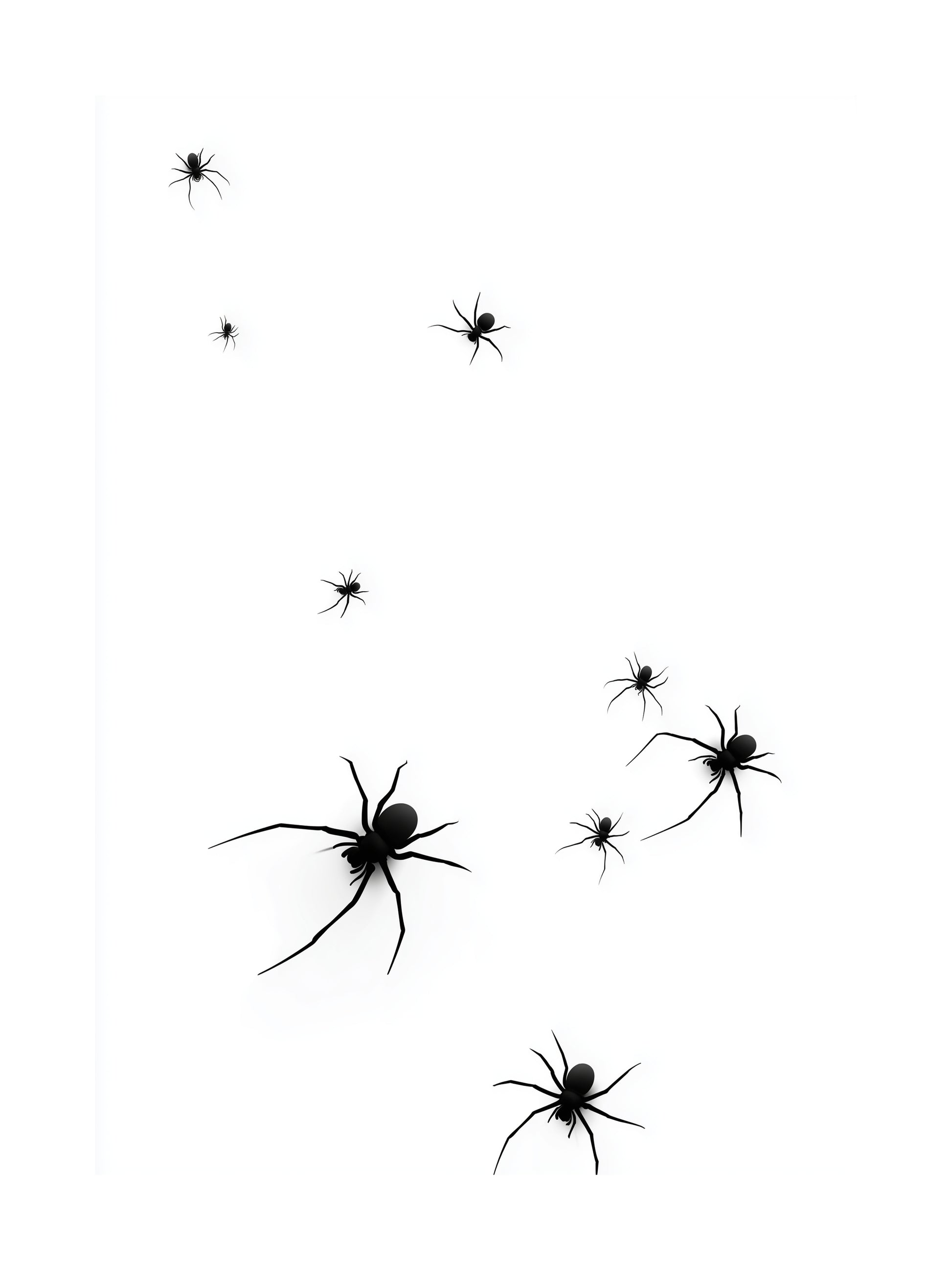 Minimalist poster with black spiders on white background