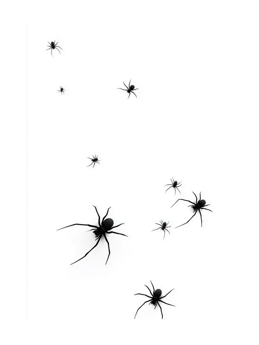 Minimalist poster with black spiders on white background
