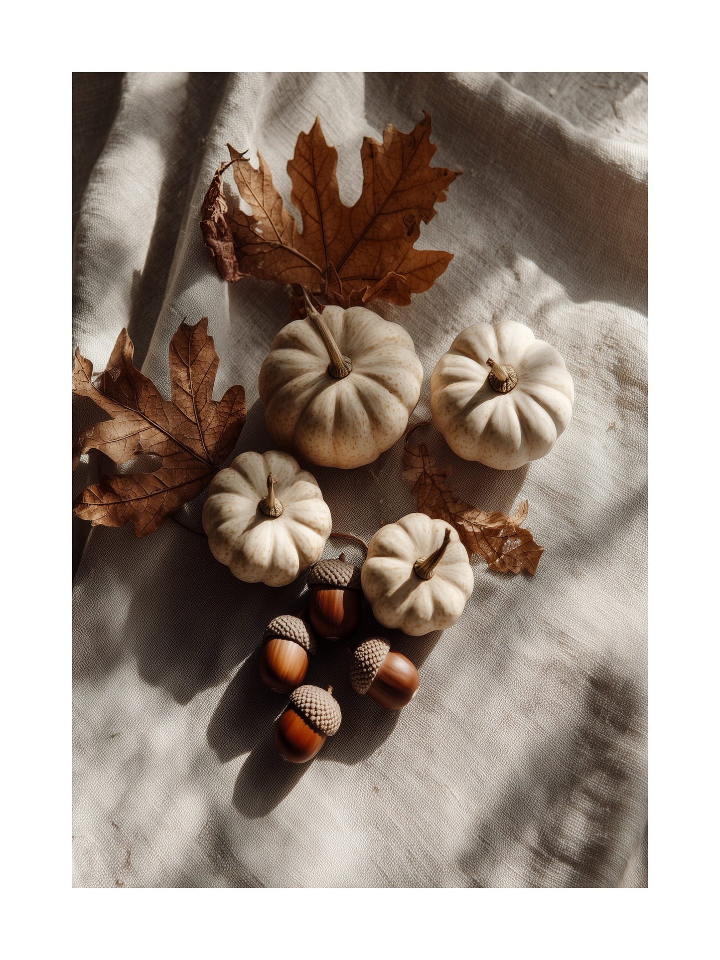 Poster of small white pumpkins, acorns, and autumn leaves