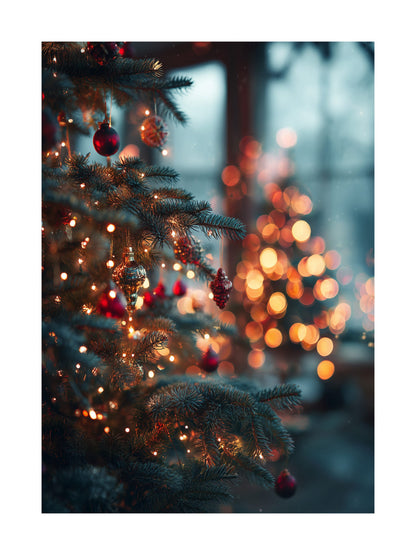 Christmas tree with red ornaments and warm lights poster