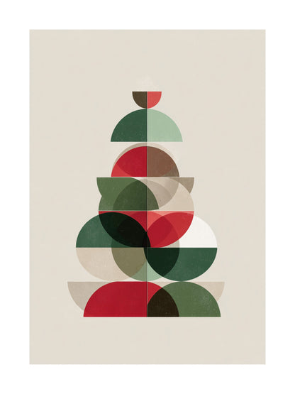 Minimalist geometric Christmas tree poster in red, green and beige tones