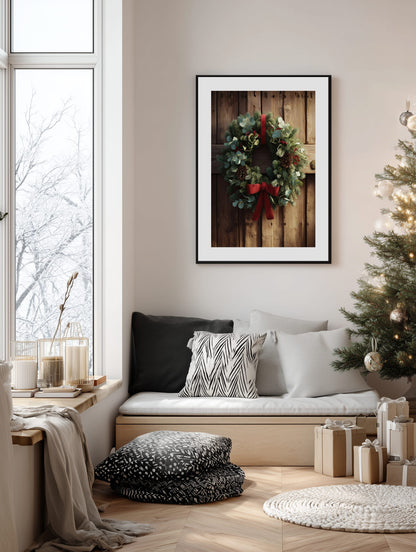 Christmas Wreath on Wooden Door Poster