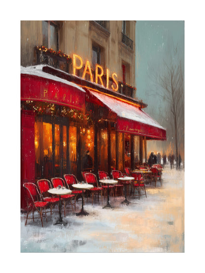 Paris café glowing with lights on snowy Christmas evening painting