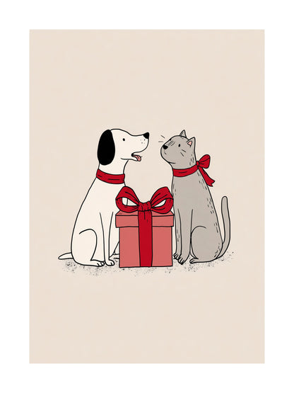 Cute dog and cat with red Christmas gift illustration poster