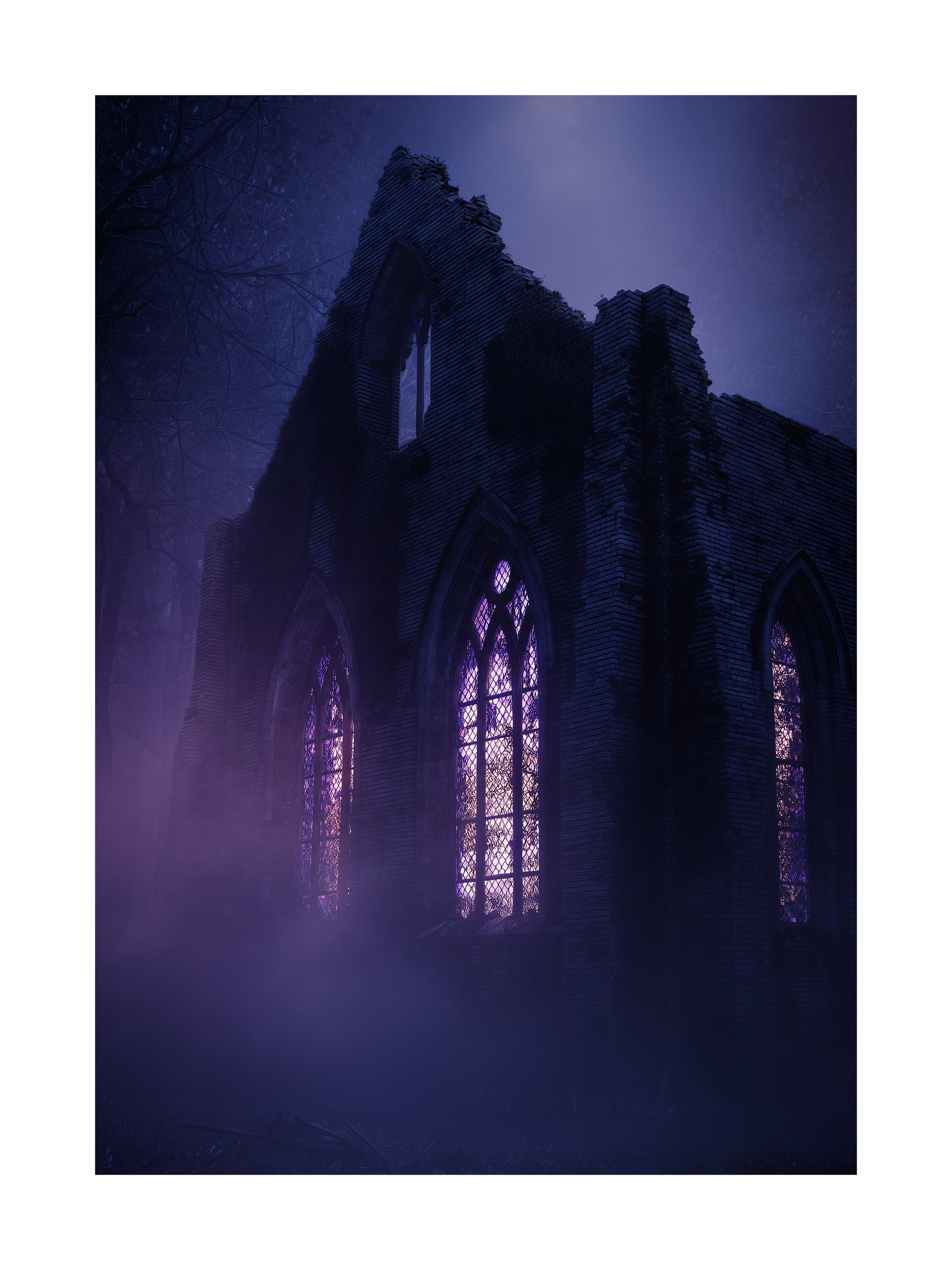 Halloween poster of gothic church ruins glowing in the fog