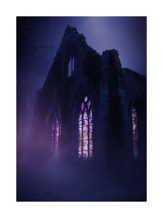Halloween poster of gothic church ruins glowing in the fog