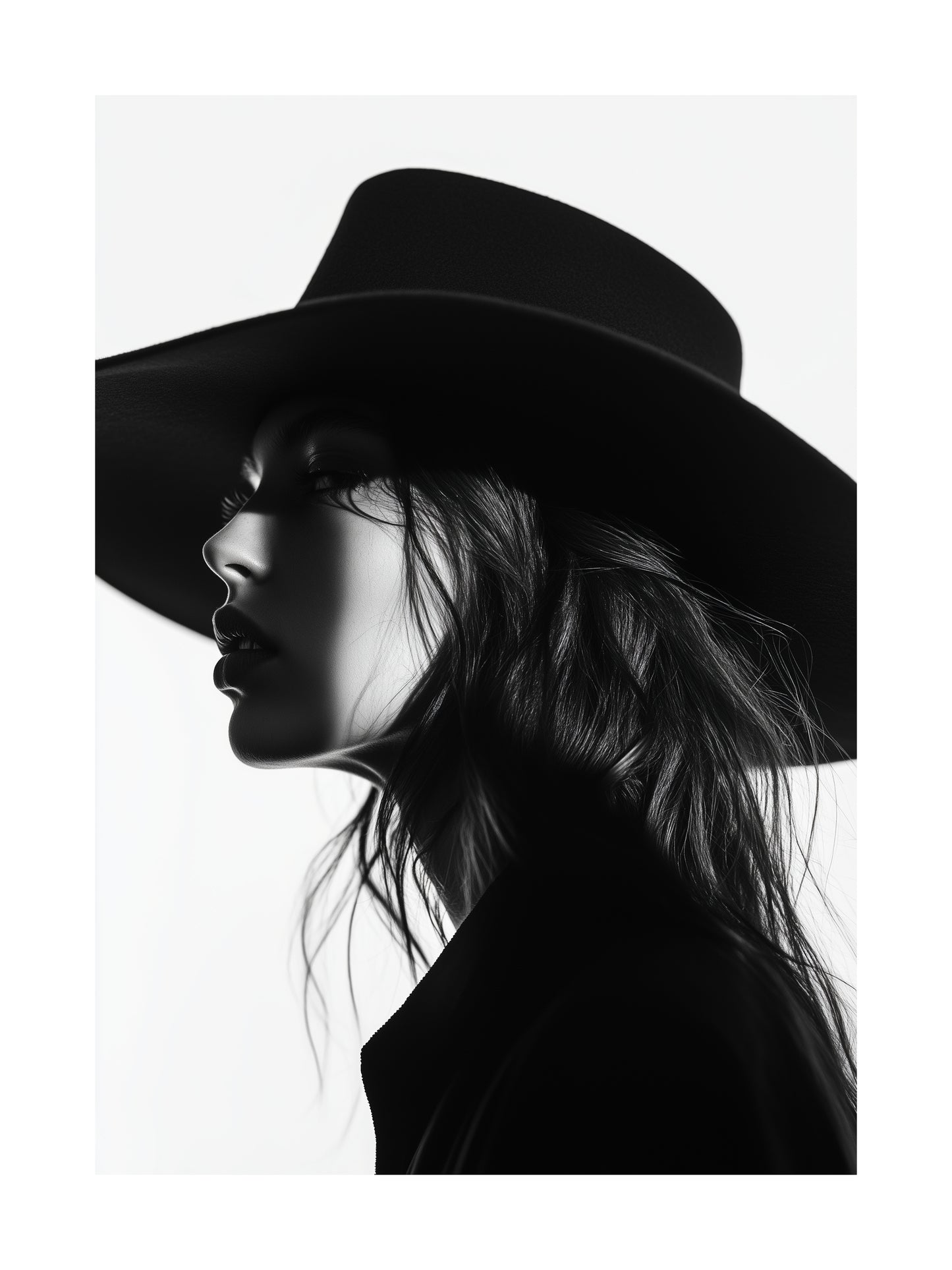 Black and white profile of woman in hat – elegant fashion poster