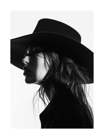 Black and white profile of woman in hat – elegant fashion poster