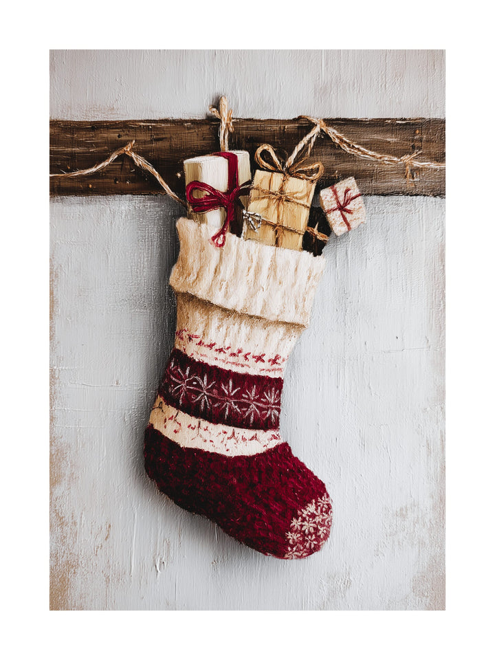 Knitted Christmas stocking with gifts hanging on wall poster