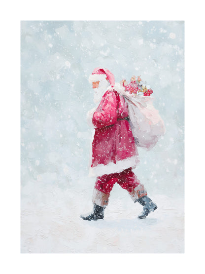 Acrylic painting of Santa walking through snowfall with gifts