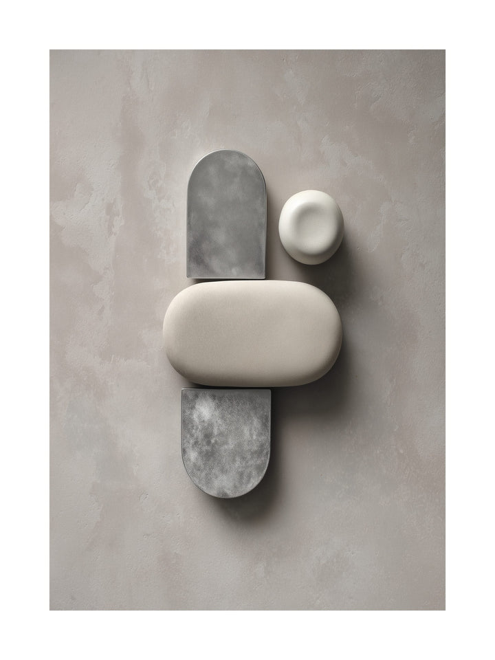 Abstract poster with sculptural stone shapes in neutral tones