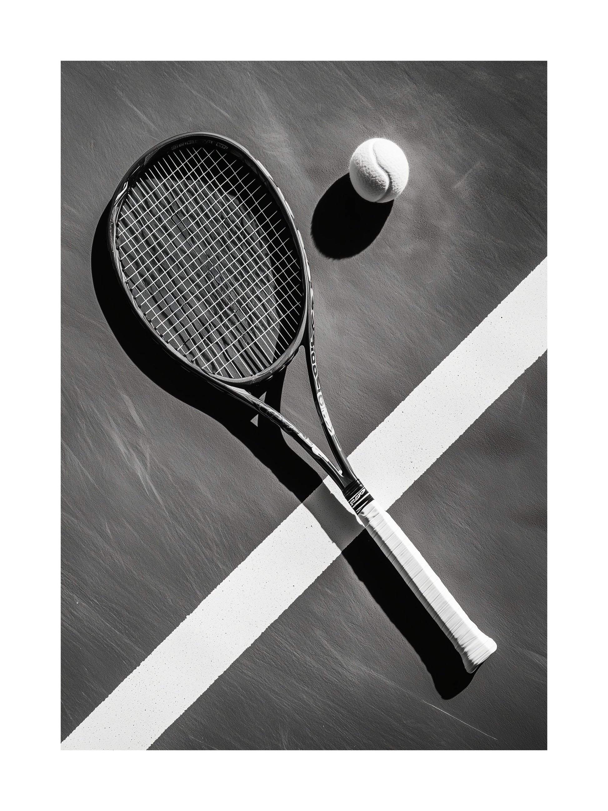 Black and white photo of tennis racket and ball on court surface