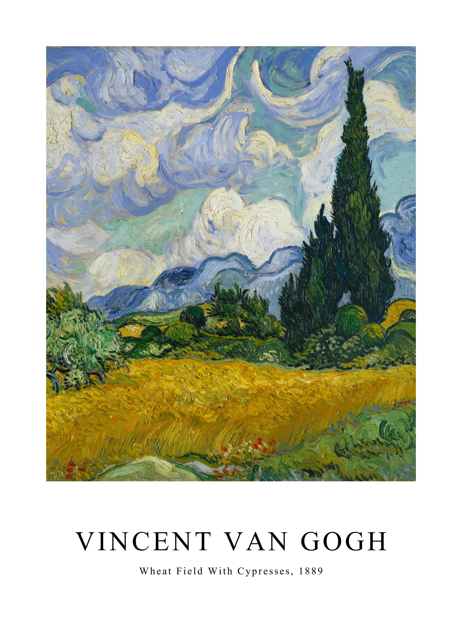 Poster of Van Gogh's Wheat Field With Cypresses, featuring golden fields and dramatic clouds.