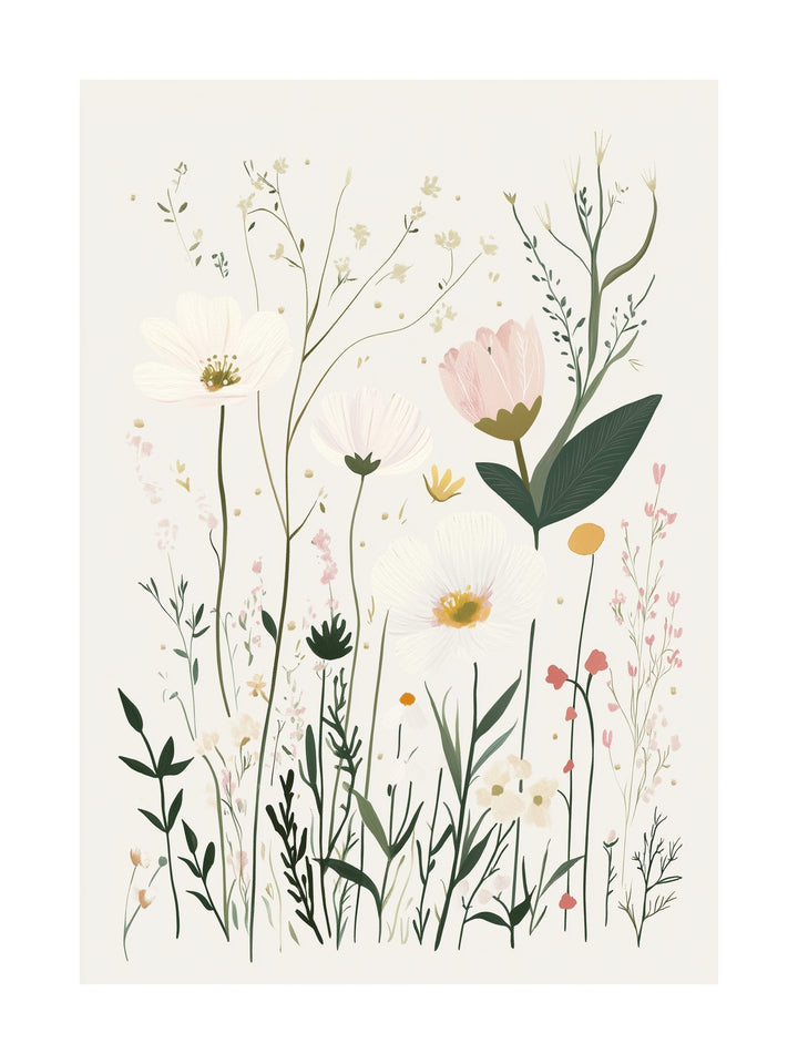 Poster of wildflowers in soft pastel colors on cream background, ideal for bedroom or nursery wall art