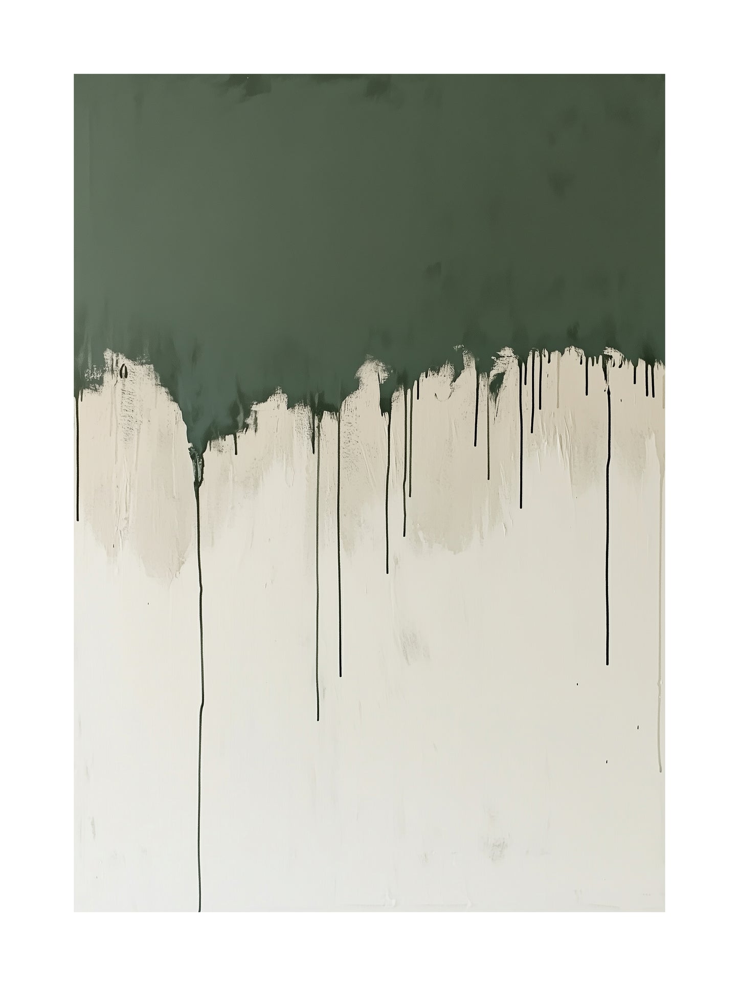 Abstract poster with dark green upper half dripping into an off-white lower half.