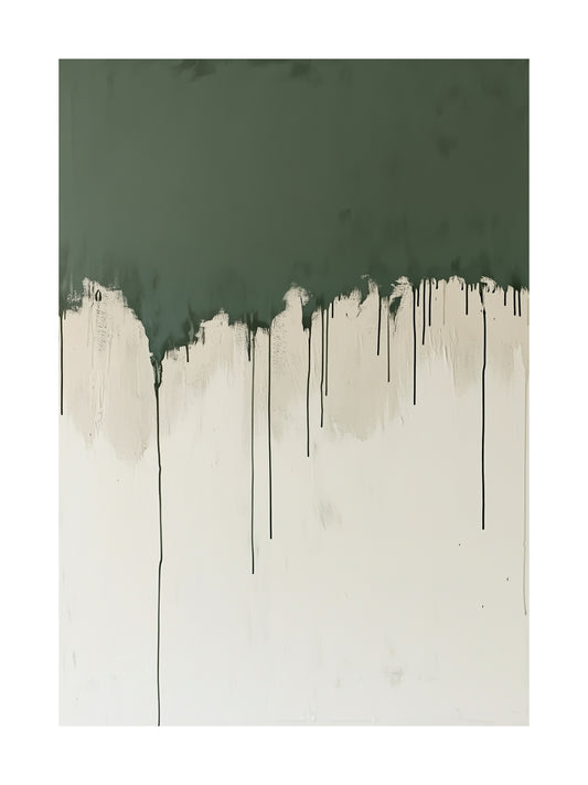 Abstract poster with dark green upper half dripping into an off-white lower half.