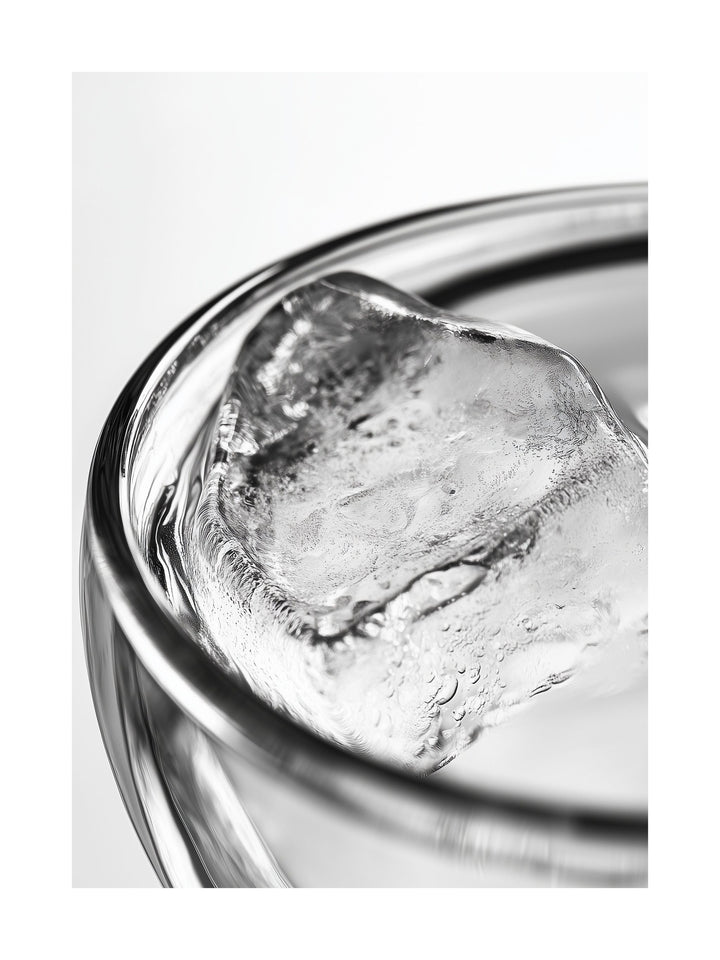 Close-up black and white photo of an ice cube in a clear glass