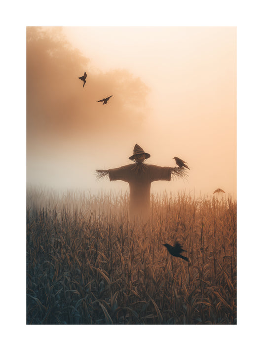 Scarecrow in misty cornfield with crows poster