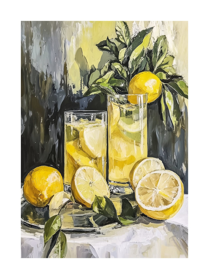 Artistic poster of limoncello and sliced lemons on a table