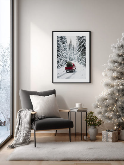Red Truck with Christmas Tree Poster