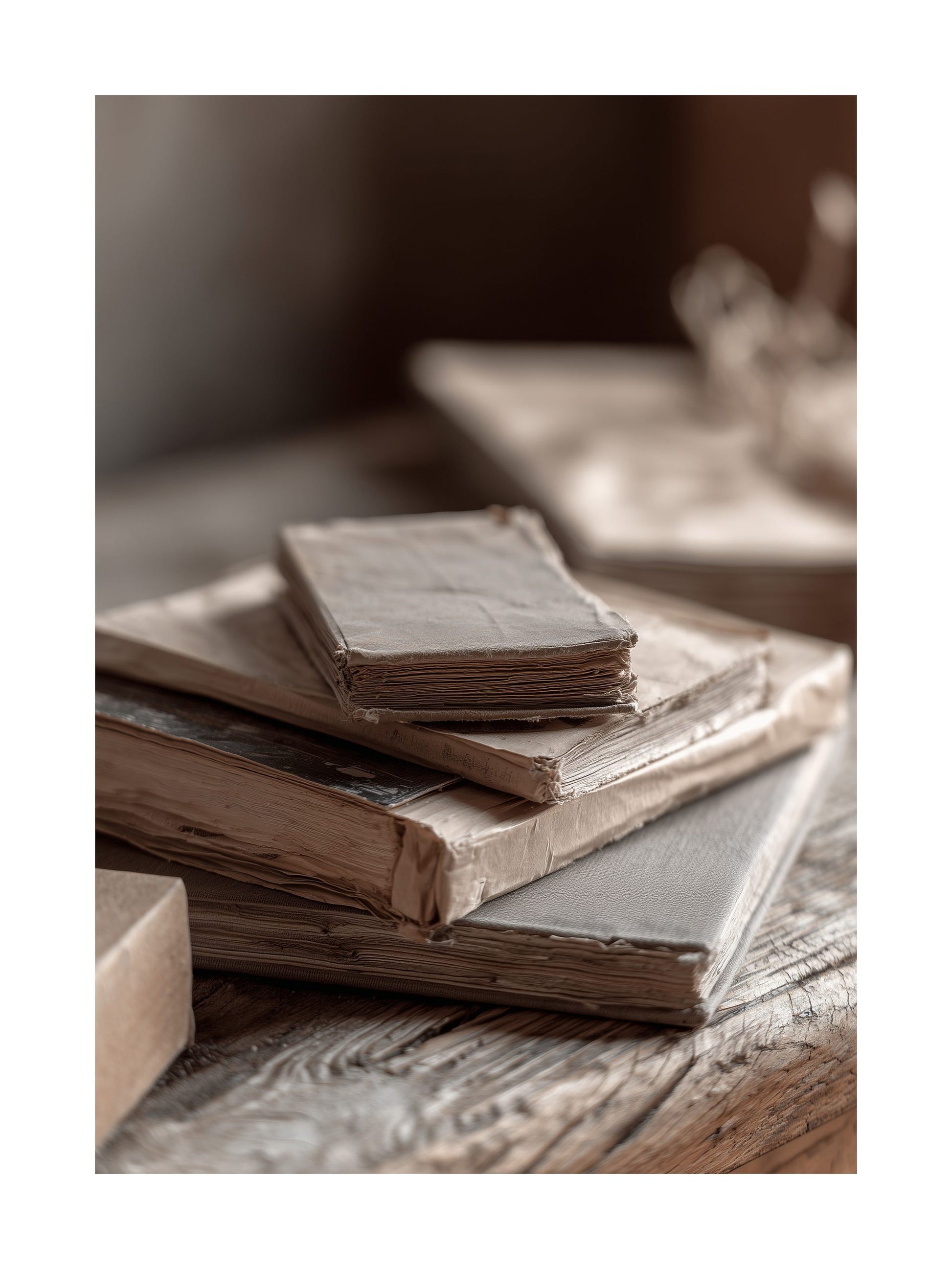 Photo art poster of stacked vintage books