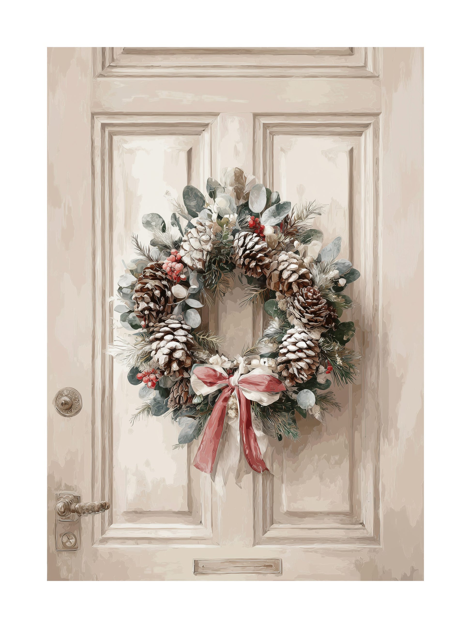 Christmas wreath on vintage door poster with pinecones and red ribbon