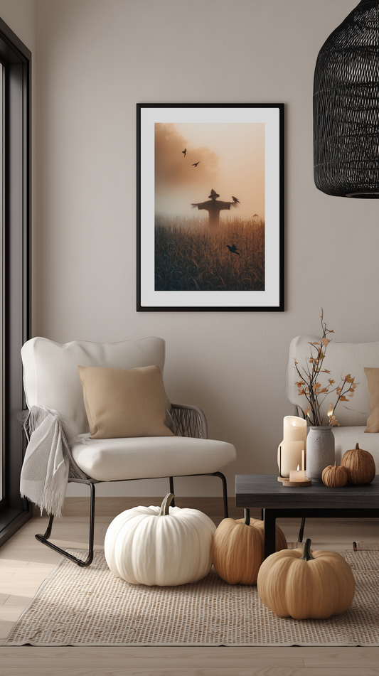 Scarecrow in Misty Cornfield Poster