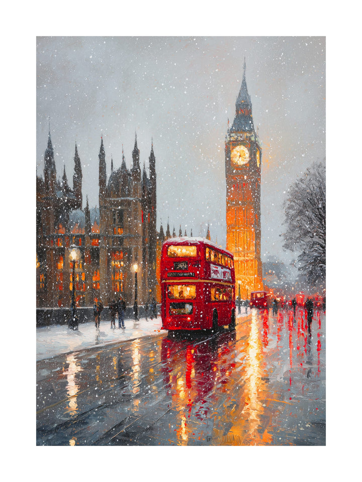 Snowy evening in London with Big Ben and a red double-decker bus.