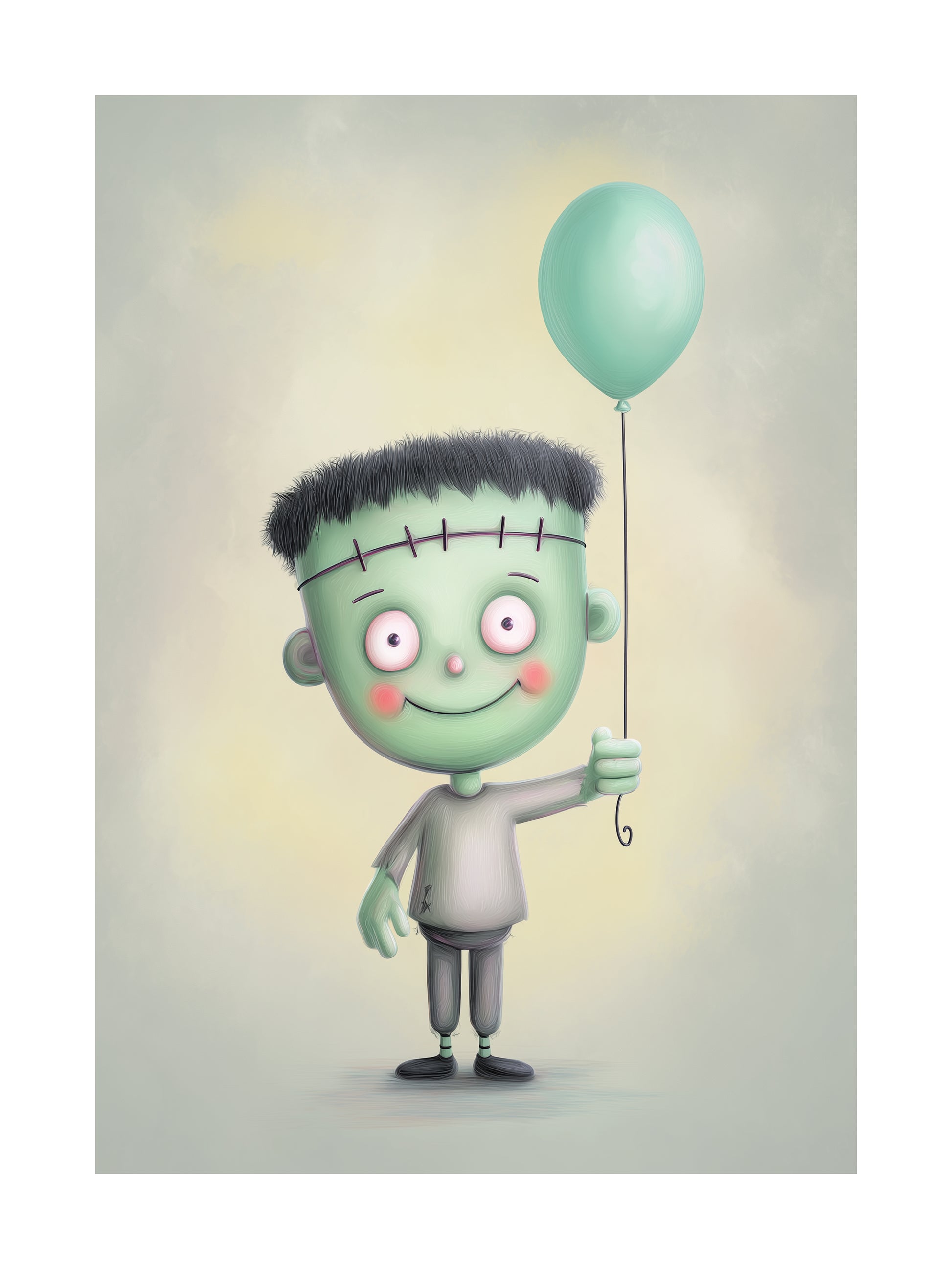 Poster of a happy Frankenstein boy holding a green balloon