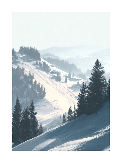 Painting of ski slopes and pine trees in soft morning light tones.