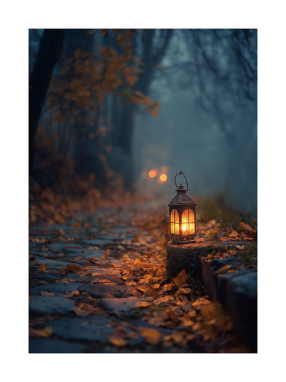 Poster of a glowing lantern on an autumn forest path