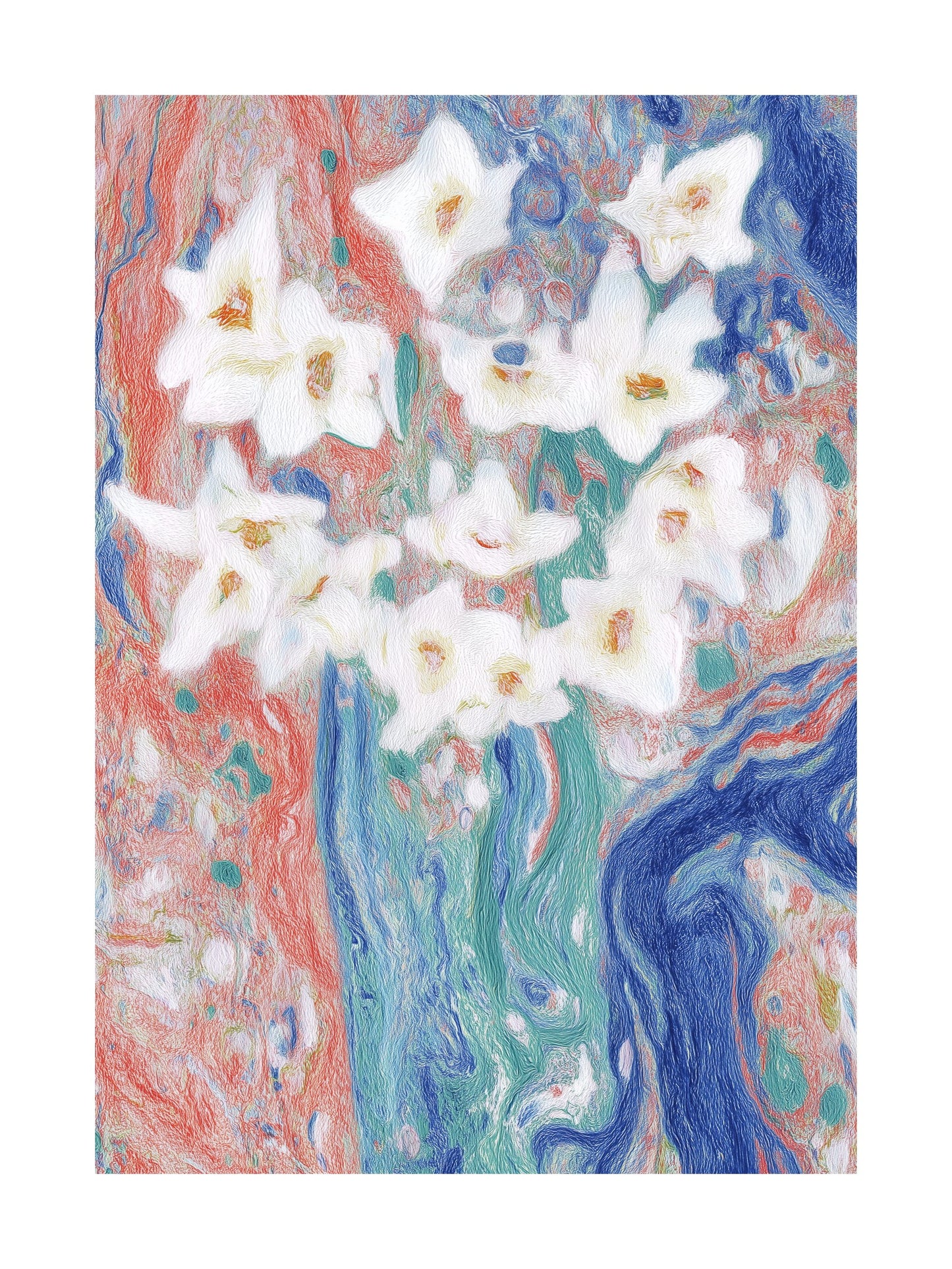 Stylized bouquet of white flowers with a marbled red and blue background.