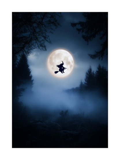 Halloween poster of a witch flying across the full moon in a foggy night forest