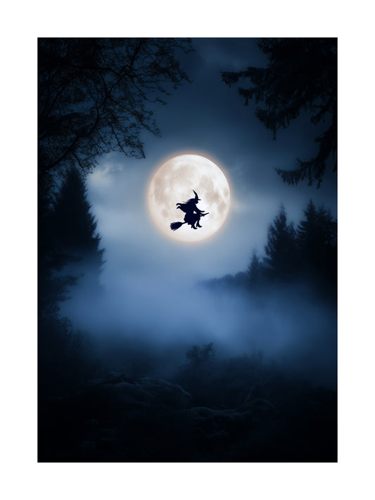 Halloween poster of a witch flying across the full moon in a foggy night forest
