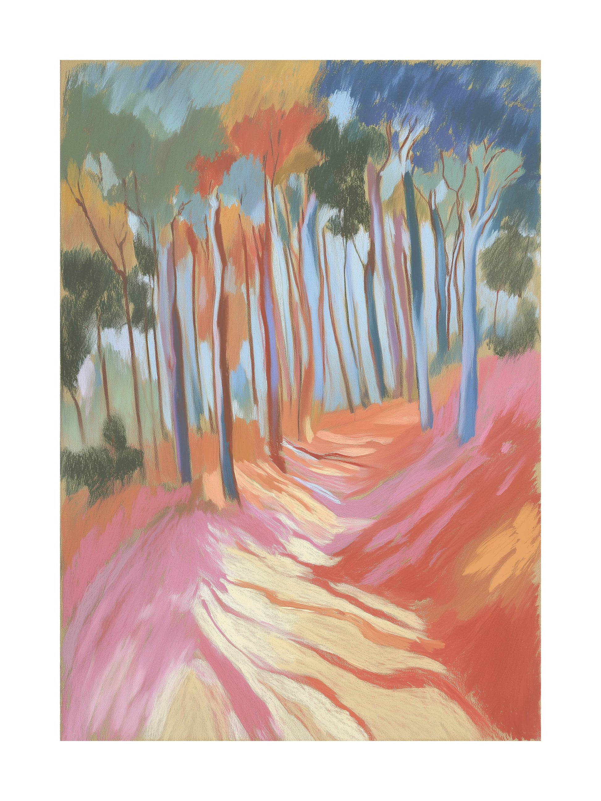 Colorful pastel forest with winding path and tall trees