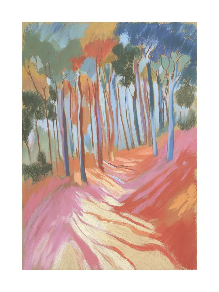 Colorful pastel forest with winding path and tall trees