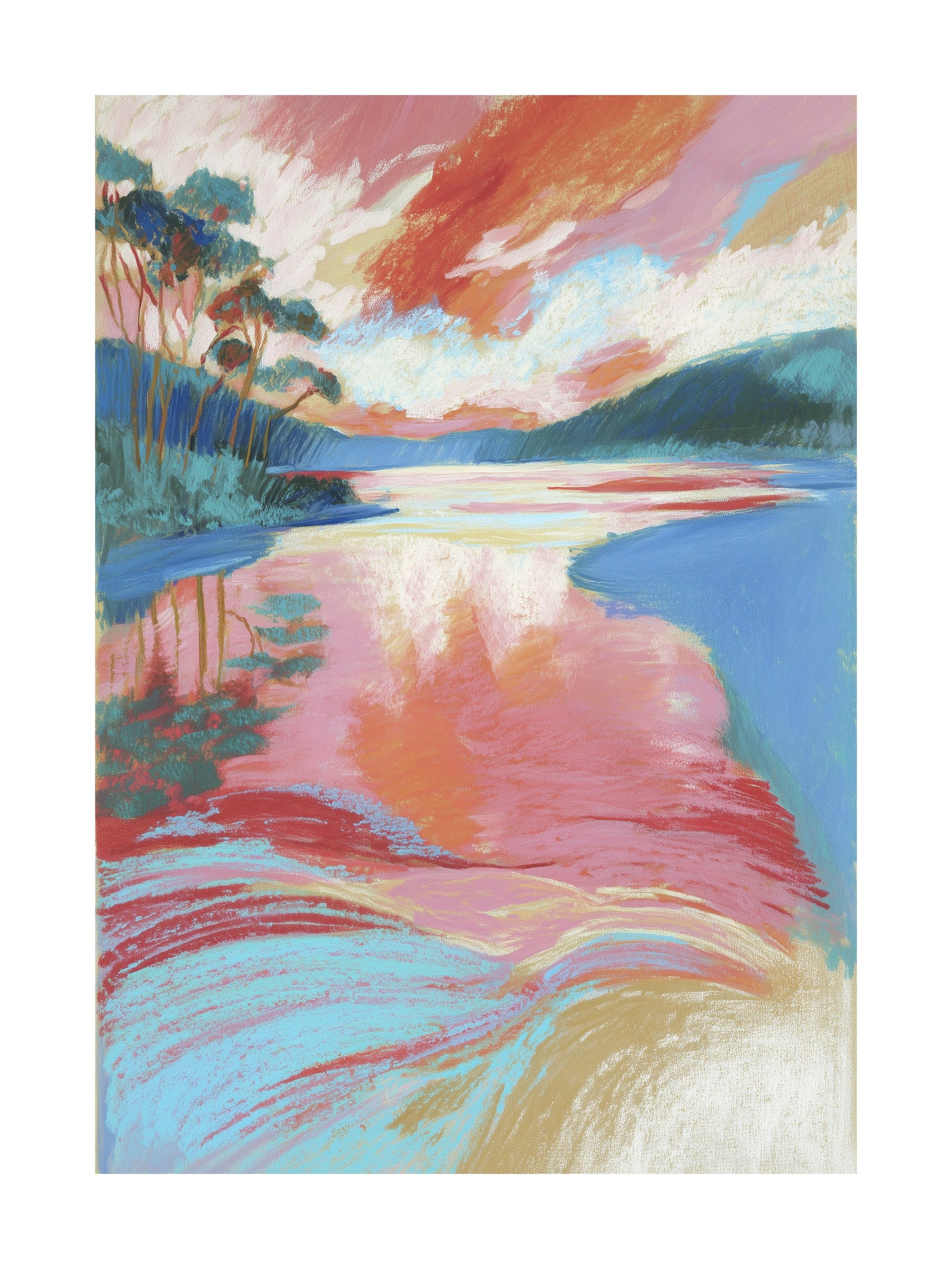 Lake reflecting vivid sunset and forest edge