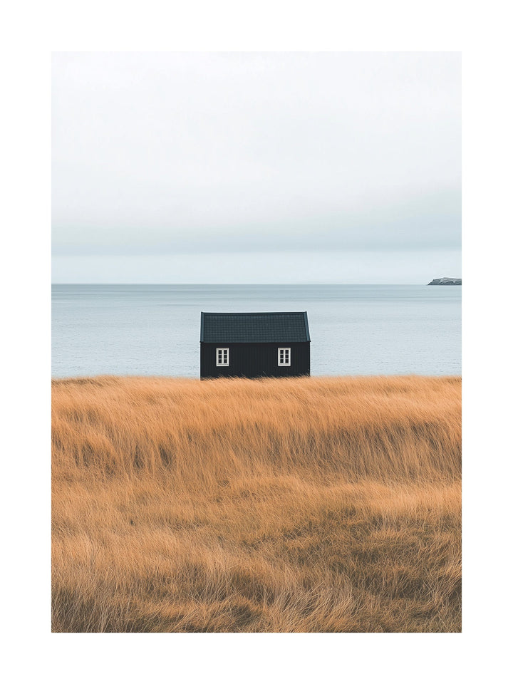 Poster of a black wooden hut by the sea with golden dry grass on Gotland